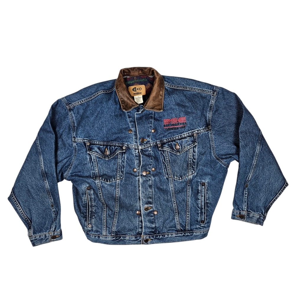 Vintage ID Wear Men's Large Blue Denim Jacket Trucker Leather Collar Lined Aztec